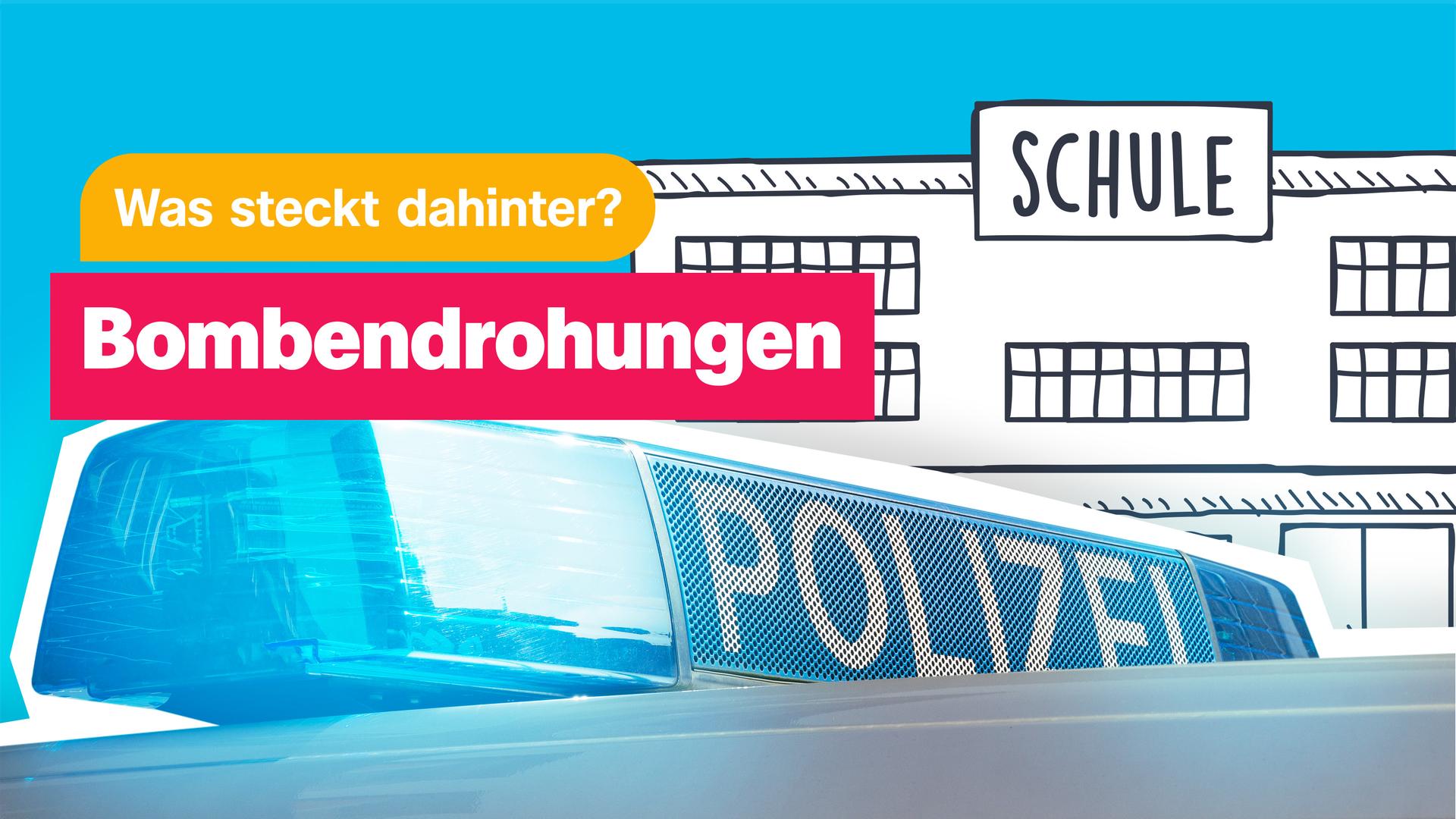 Eine Schule mit Polizei im Vordergrund