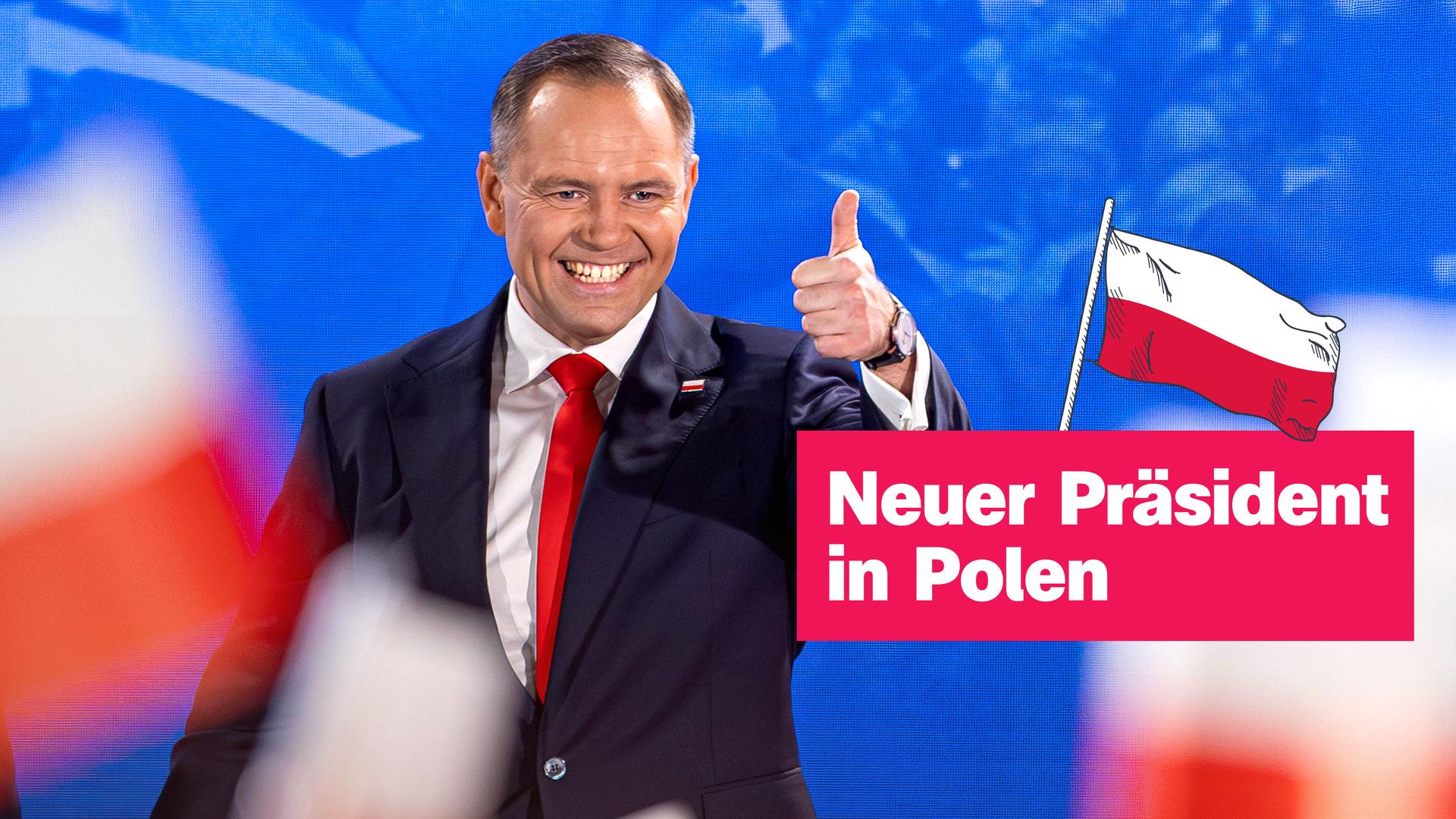 Der neue Präsident Karol Nawrocki. Rechts davon der Text "Neuer Präsident in Polen".