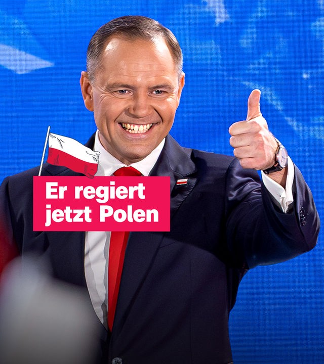 Der neue Präsident Karol Nawrocki. Rechts davon der Text "Neuer Präsident in Polen".