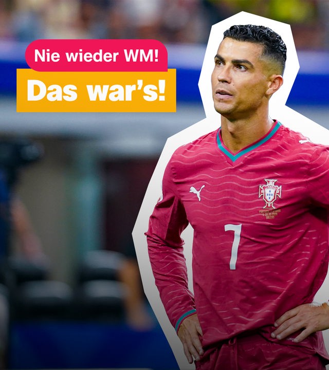 Cristiano Ronaldo steht mit den Händen in der Hüfte da. Über ihm steht: Nie wieder WM! Das war's!