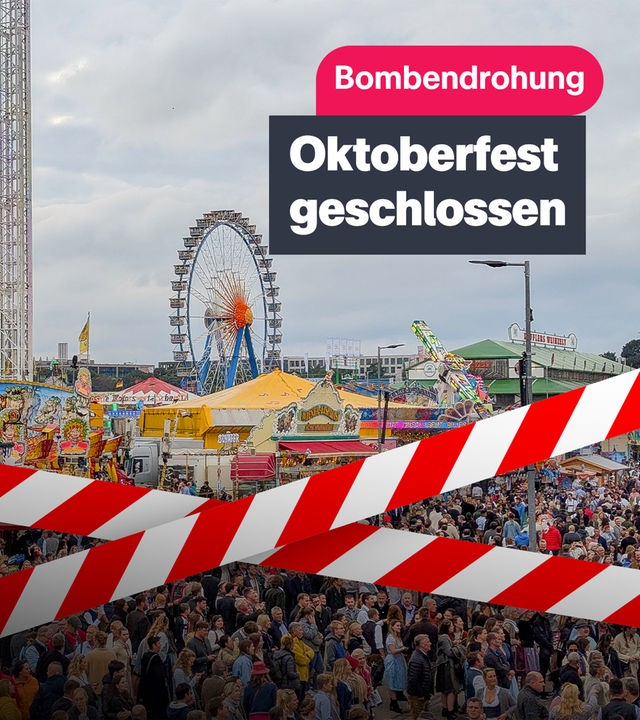 Die Collage zeigt viele Menschen, die auf dem Platz des Oktoberfestes stehen, im Hintergrund ein Riesenrad, davor ein Absperrband, darüber steht: "Bombendrohung - Oktoberfest geschlossen".