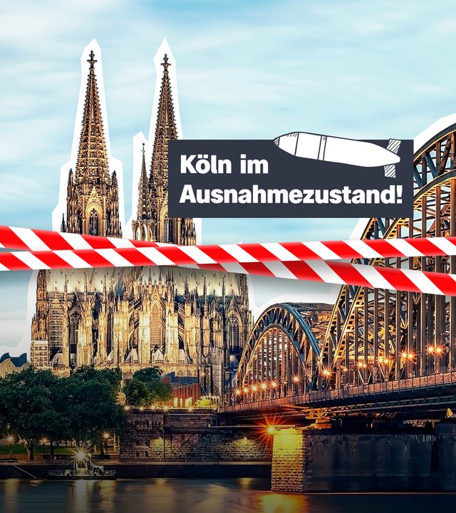 Der Kölnerdom hinter Absperrband, darauf steht "Köln im Ausnahmezustand"
