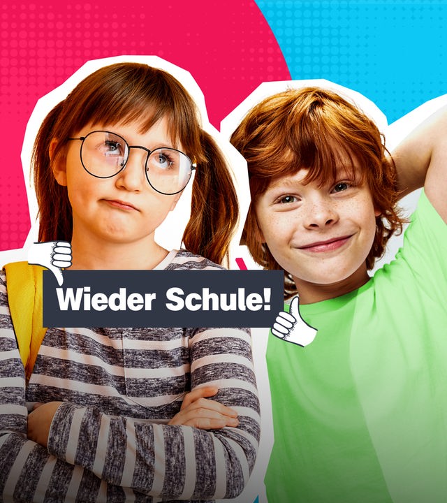 Eine Collage mit rotem und blauem Hintergrund zeigt ein Mädchen mit einer Brille und einen Jungen, daneben ein Daumen hoch und ein Daumen runter. Darauf steht: Wieder Schule