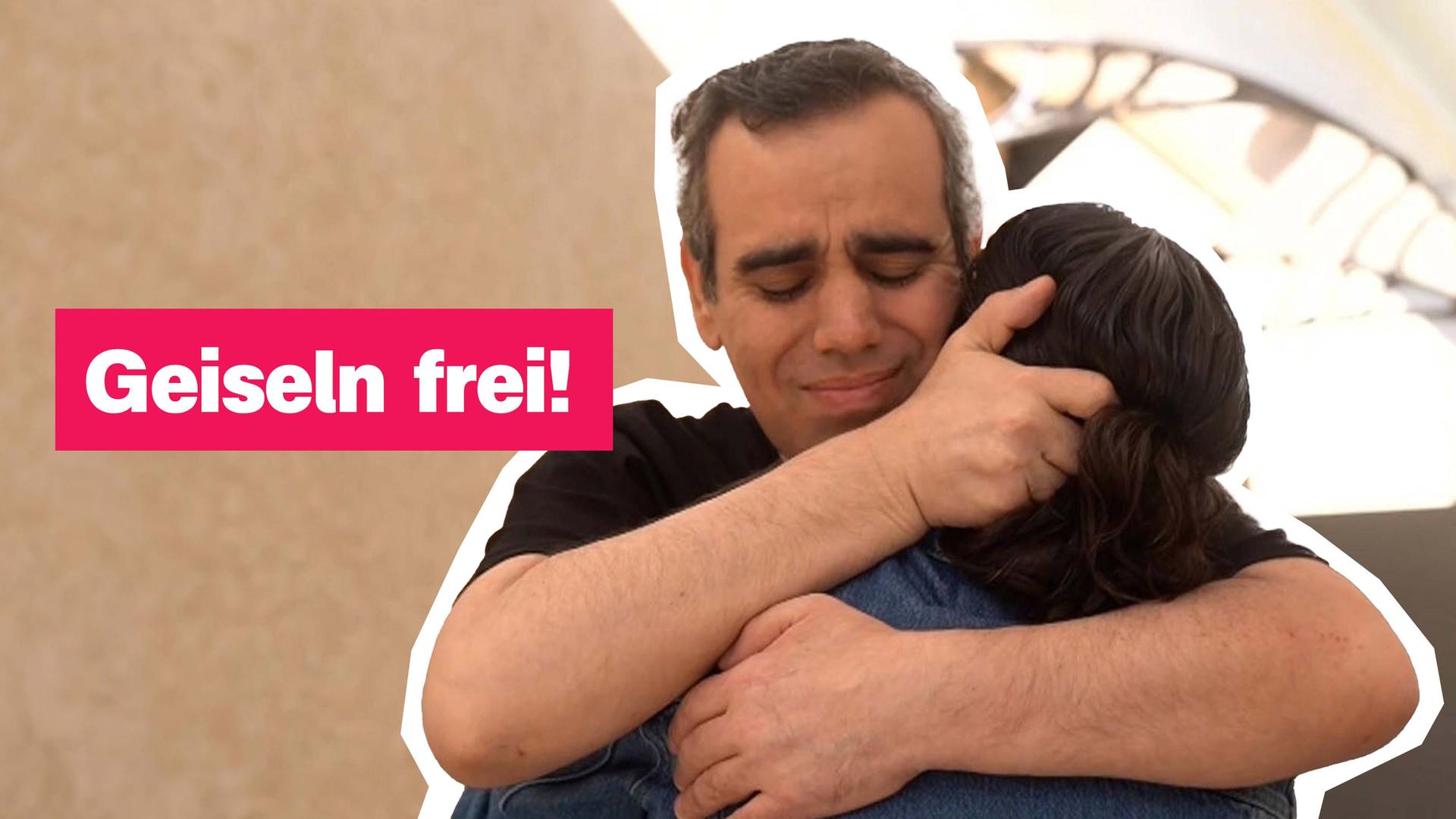 Ein Mann umarmt eine Frau, daneben steht: Geiseln frei!