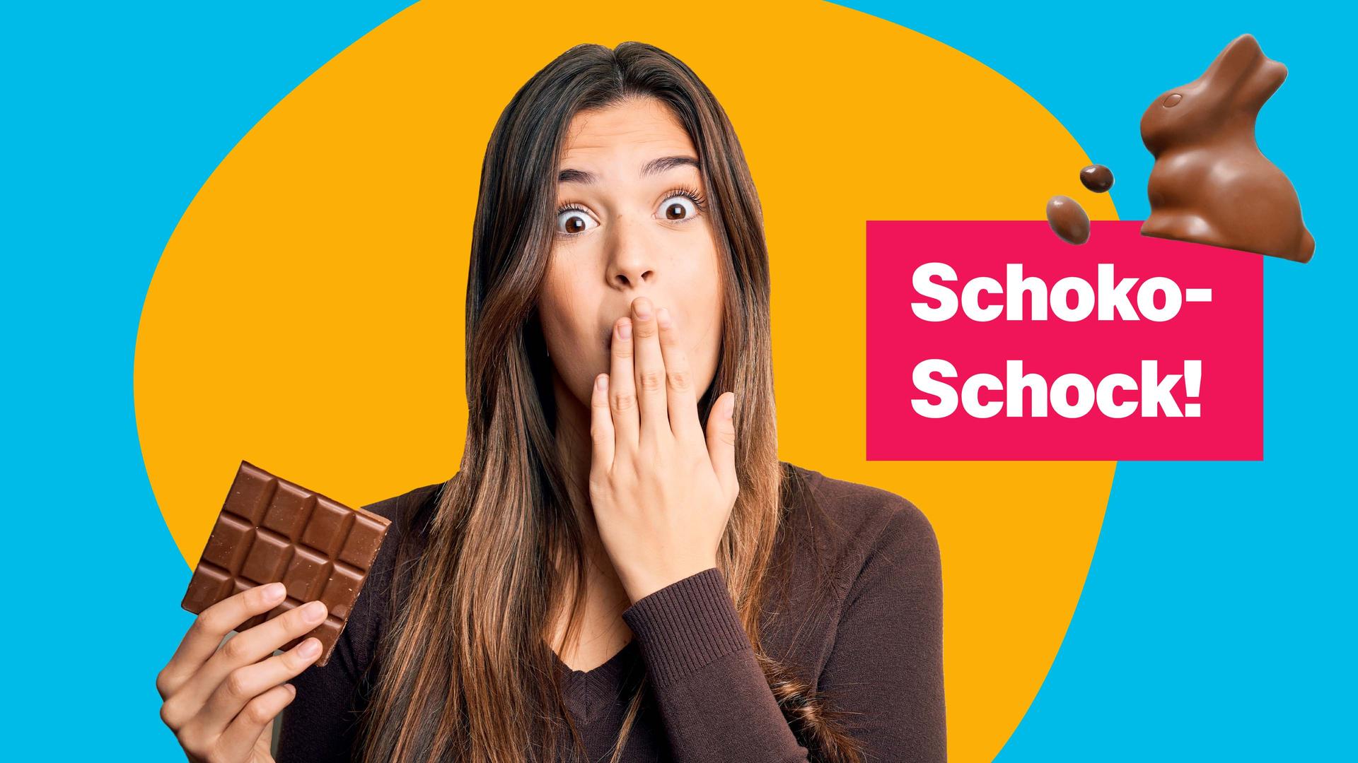 Eine Collage zeigt auf blau-gelbem Hintergrund eine Frau mit Hand vor dem Mund und weit aufgerissenen Augen, die ein Stück Schokolade in der Hand hält. Daneben auf einer roten Box steht "Schoko Schock!" darüber ein Schokoosterhase.