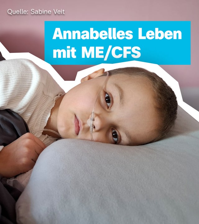 Eine Collage zeigt ein Mädchen, das im Bett liegt, mit einem Beatmungsschlauch, darüber steht in einer blauen Box: Annabelles Leben mit ME/CFS
