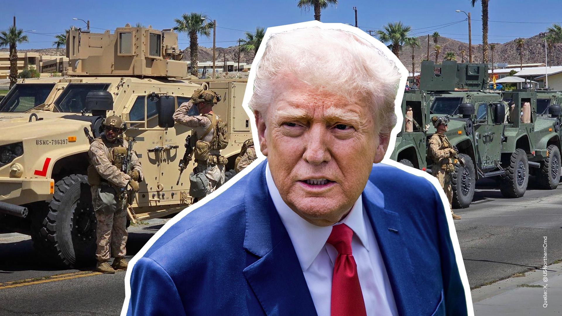US-Präsident Donald Trump, im Hintergrund Militärfahrzeuge