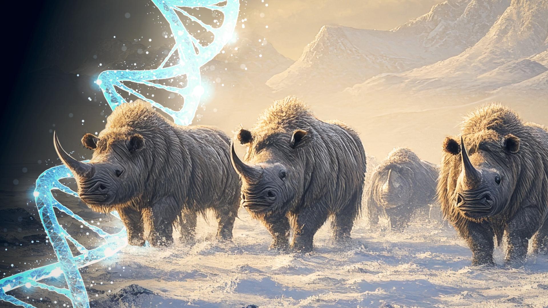 Computergeneriertes Bild: Eine Gruppe Wollnashörner streift durchs ewige Eis. An der Seite dahinter liegt die graphische Abbildung einer blauen DNA-Doppelhelix.