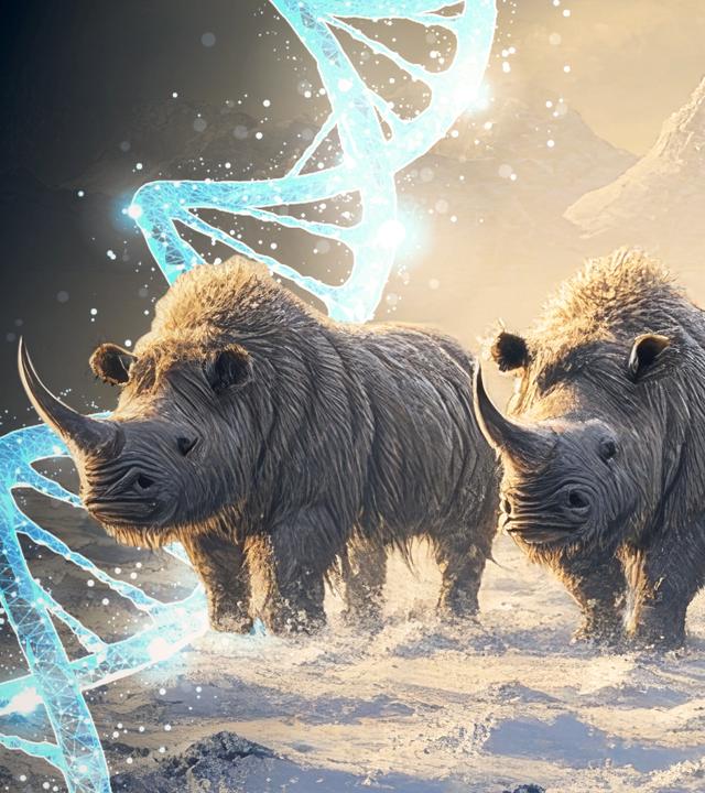 Computergeneriertes Bild: Eine Gruppe Wollnashörner streift durchs ewige Eis. An der Seite dahinter liegt die graphische Abbildung einer blauen DNA-Doppelhelix.