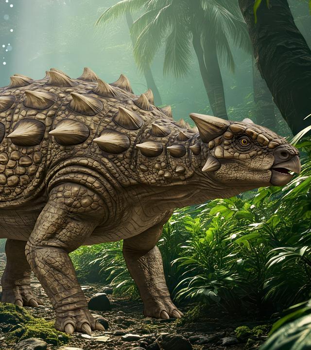 Computergeneriertes Bild: Ein ausgewachsener Ankylosaurus steht in einem Wald. An der Seite hinter ihm liegt die graphische Darstellung einer blauen DNA-Doppelhelix.