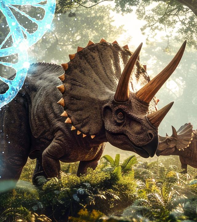 Computergeneriertes Bild: Eine kleinen Gruppe von Triceratops steht auf einer Waldlichtung. An der Seite liegt die grafische Abbildung einer blauen DNA-Doppelhelix.