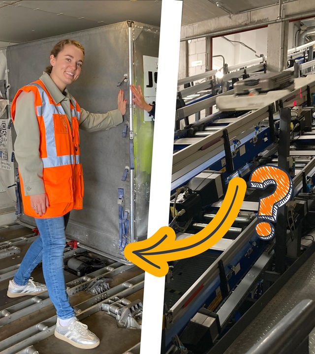 Lotte steht im Flugzeugbauch neben einem Container und rechts daneben ein Bild vom Kofferband mit einem Pfeil und einem Fragezeichen