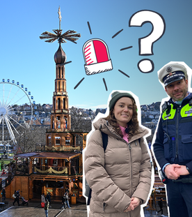 Im Hintergrund der Stuttgarter Weihnachtsmarkt bei blauem Himmel, davor Lotte und ein Polizist sowie ein Fragezeichen und ein Symbol für Alarm