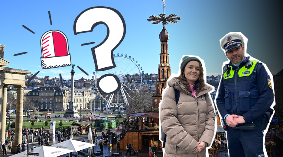 Im Hintergrund der Stuttgarter Weihnachtsmarkt bei blauem Himmel, davor Lotte und ein Polizist sowie ein Fragezeichen und ein Symbol für Alarm