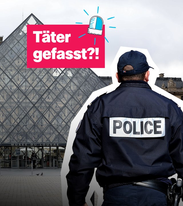 Rechts ein Polizeibeamter von hinten, im Hintergrund die Glaspyramide des Louvre. Links der Text: "Täter gefasst?"