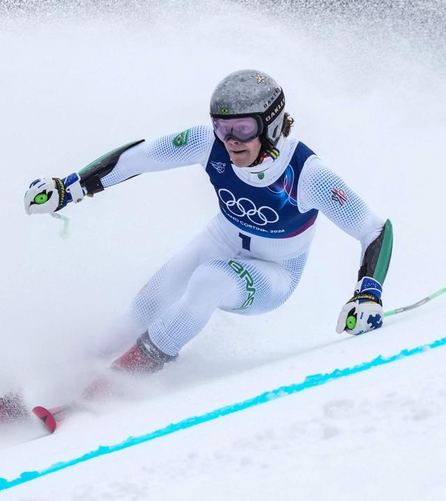 Braziliens Lucas Pinheiro Braathen startet im ersten Lauf des Herren-Riesenslaloms bei den Olympischen Winterspielen Milano Cortina 2026 am Stelvio Skizentrum in Bormio (Valtellina) am 14. Februar 2026.