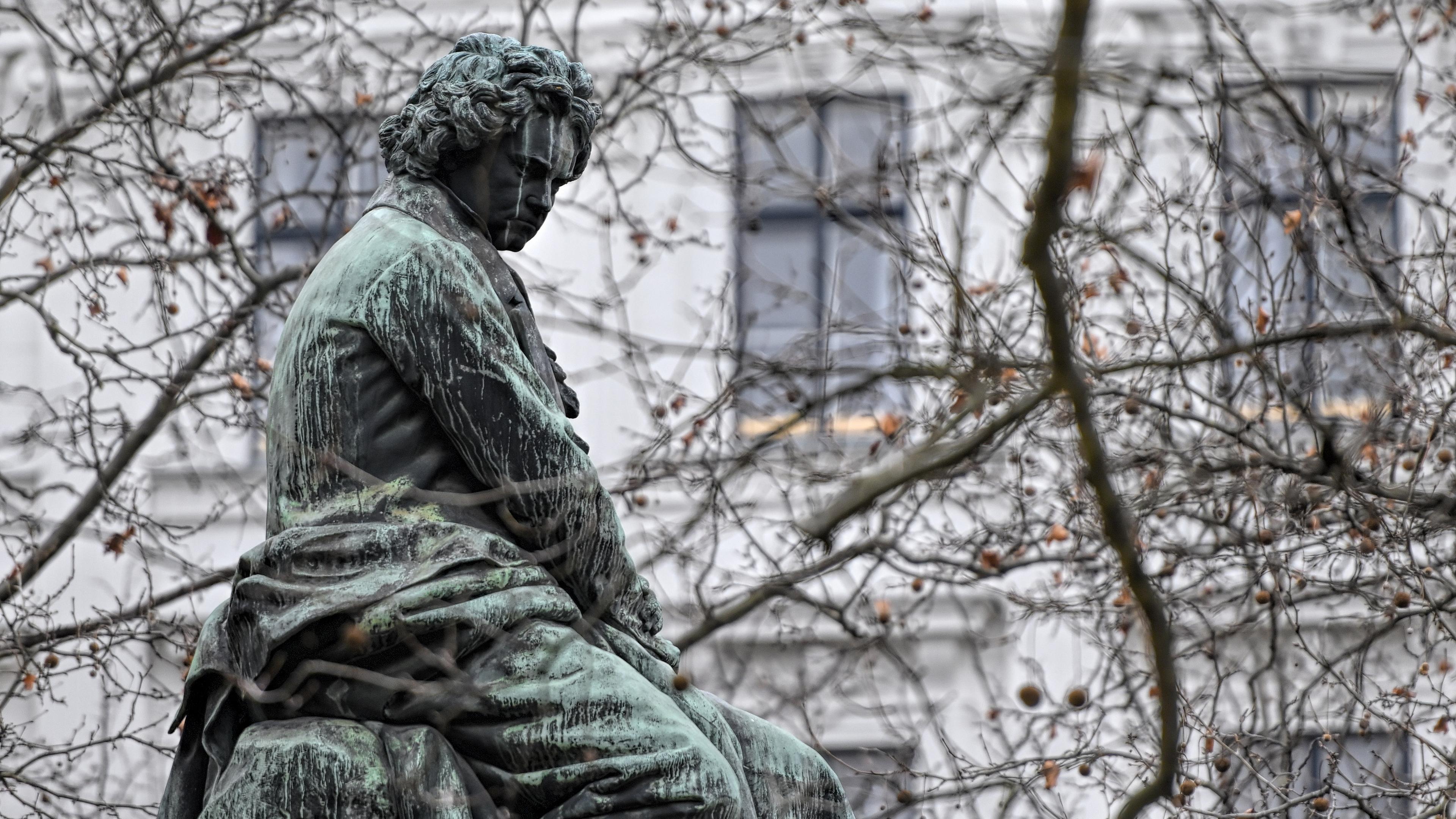Österreich, Wien: Eine Bronzestatue von Ludwig van Beethoven steht am Beethovenplatz.