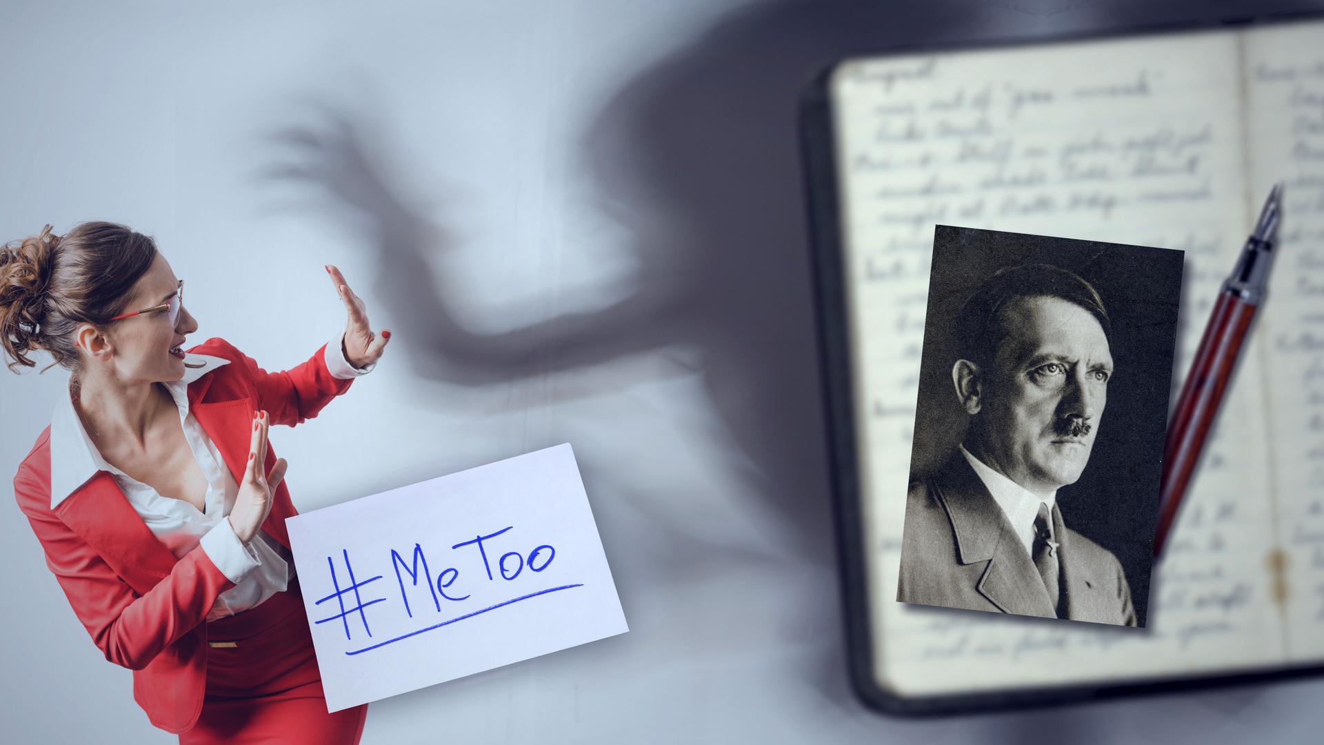 Montage: Links eine zurückweichende Frau, an der Wand ein Schemen. Vor ihr ein Zettel mit der Aufschrift „#meetoo“; rechts ein handgeschriebenes Tagebuch, darauf ein Foto Adolf Hitlers.