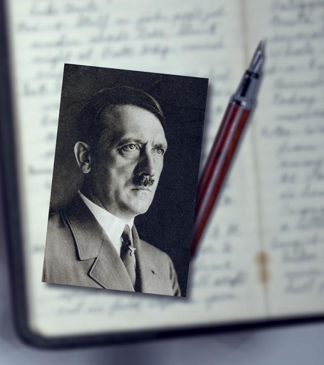 Montage: Links eine zurückweichende Frau, an der Wand ein Schemen. Vor ihr ein Zettel mit der Aufschrift „#meetoo“; rechts ein handgeschriebenes Tagebuch, darauf ein Foto Adolf Hitlers.