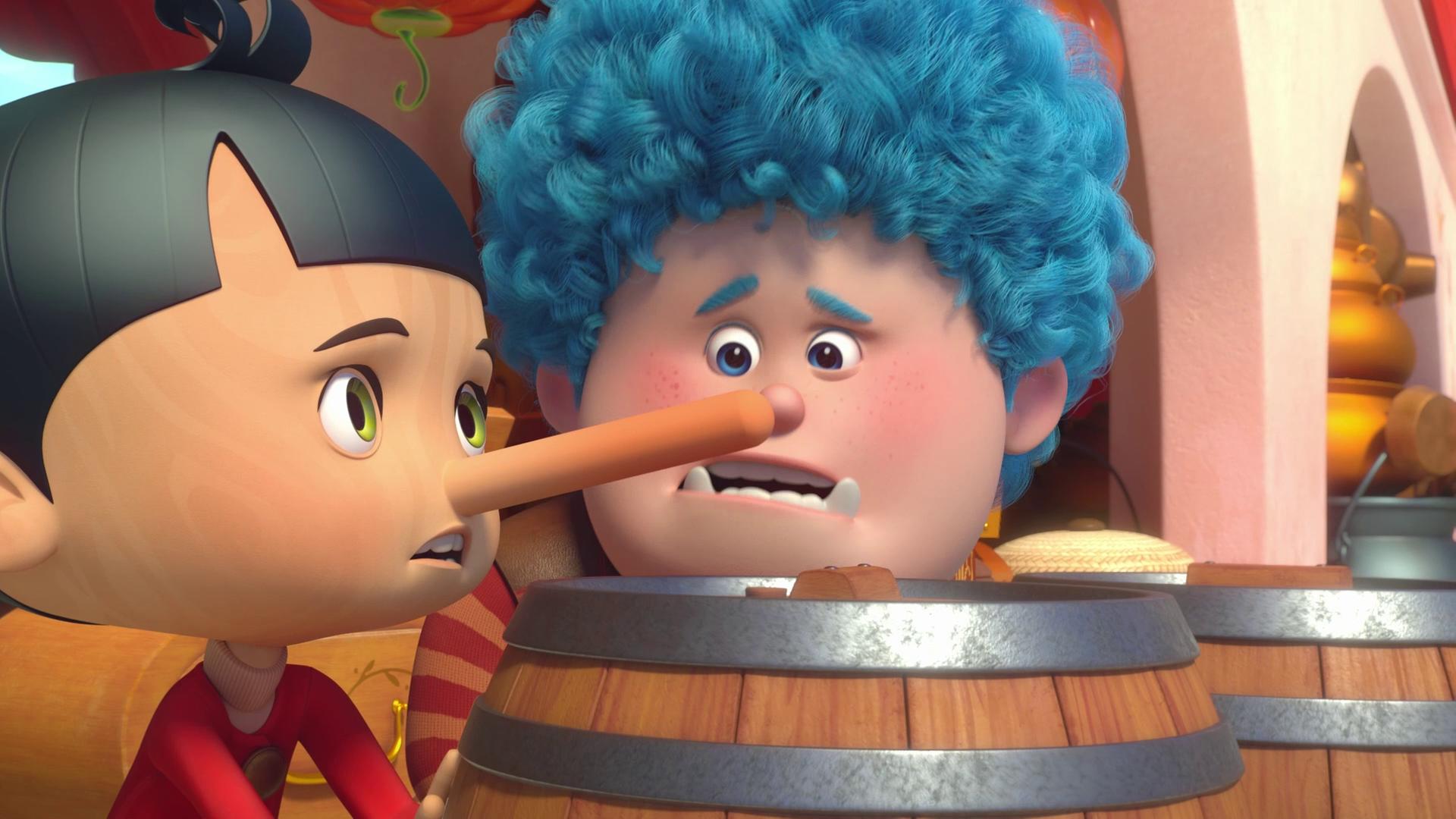 Pinocchio und Luzio stehen vor Fässern und schauen entsetzt, denn Pinocchio hat eine lange Nase.