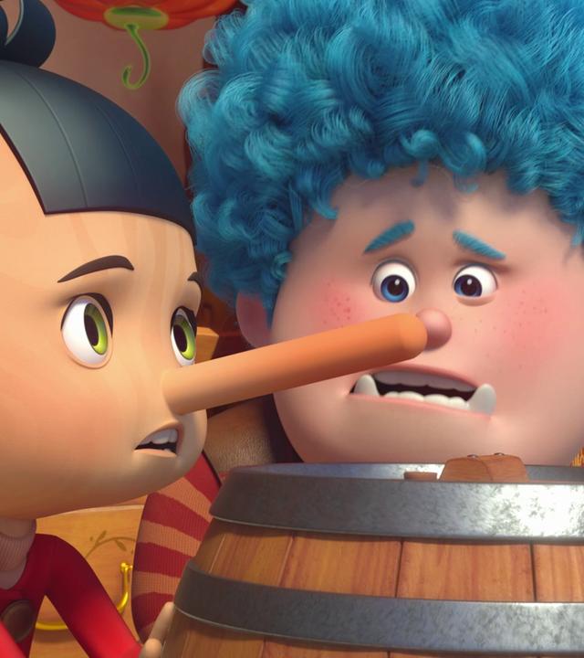 Pinocchio und Luzio stehen vor Fässern und schauen entsetzt, denn Pinocchio hat eine lange Nase.