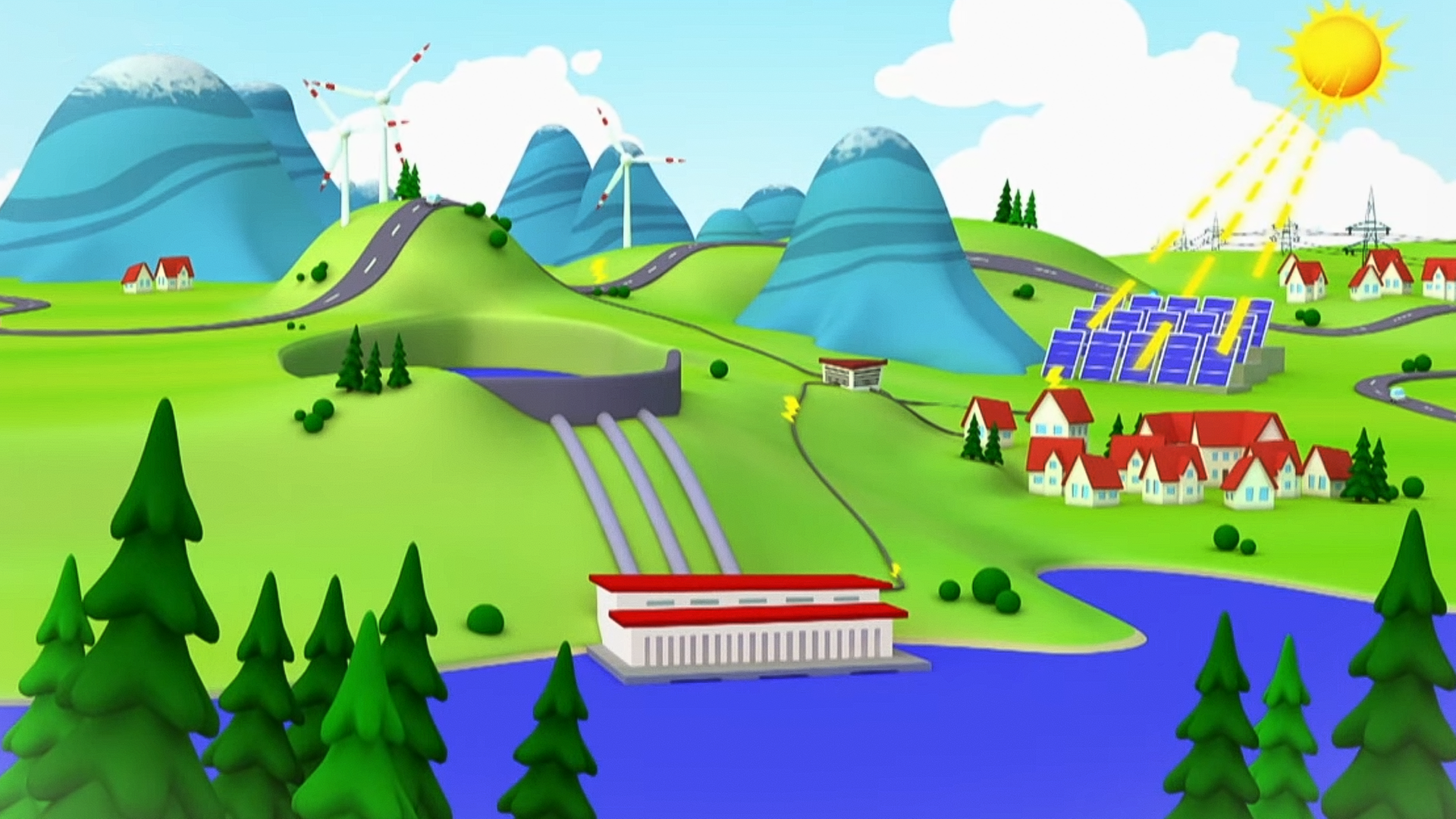 Es ist eine Landschaft mit See, Bergen und Häusern zu sehen. Zwischen den Bergen sind Wndräder. In der Mitte befindet sich ein Pumpspeicherkraftwerk. Rechts sind Häuser und Solaranlagen.
