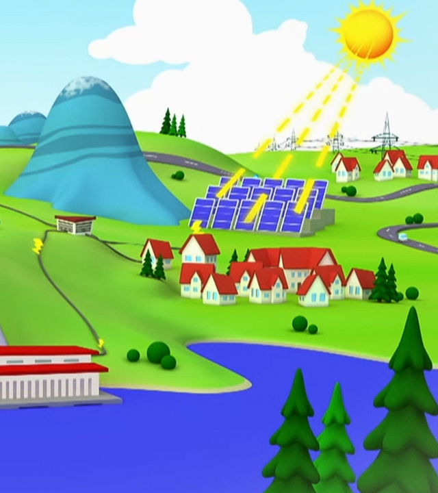 Es ist eine Landschaft mit See, Bergen und Häusern zu sehen. Zwischen den Bergen sind Wndräder. In der Mitte befindet sich ein Pumpspeicherkraftwerk. Rechts sind Häuser und Solaranlagen.