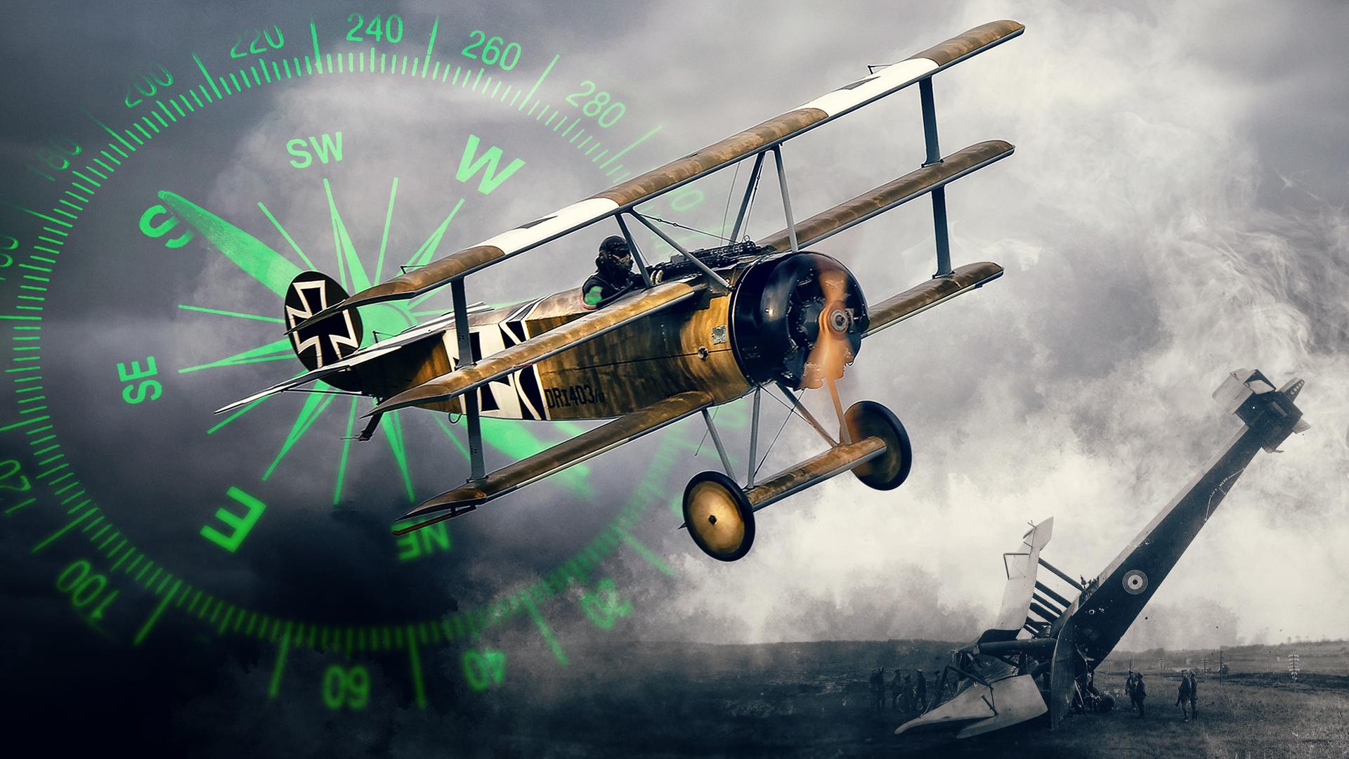 Montage: Ein Dreidecker vom Typ "Fokker Dr.I" fliegt über einem abgestürzten Flugzeug. Im Hintergrund ist ein grüner Kompass mit Himmelsrichtungen und Gradangaben zu sehen.