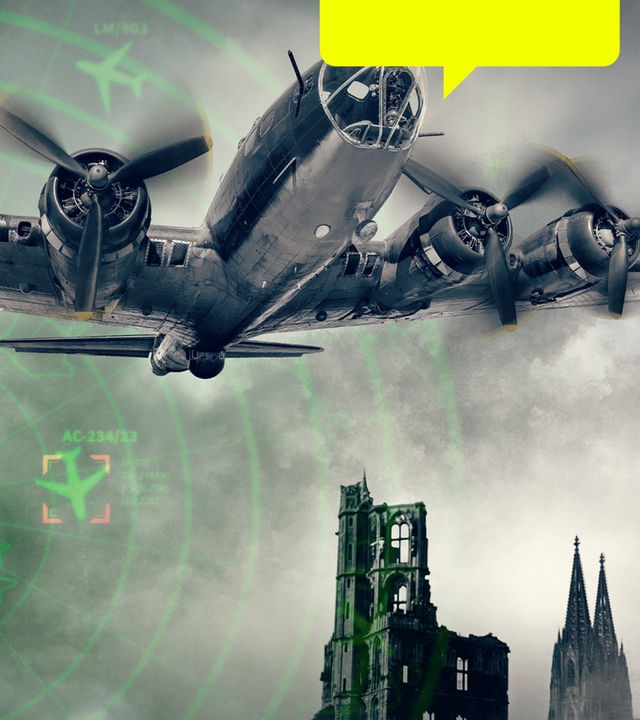Die "Boeing B-17 Flying Fortress" fliegt über Rauch und Ruinen, daneben steht der Kölner Dom. Im Hintergrund liegt ein grünes Radarsignal.