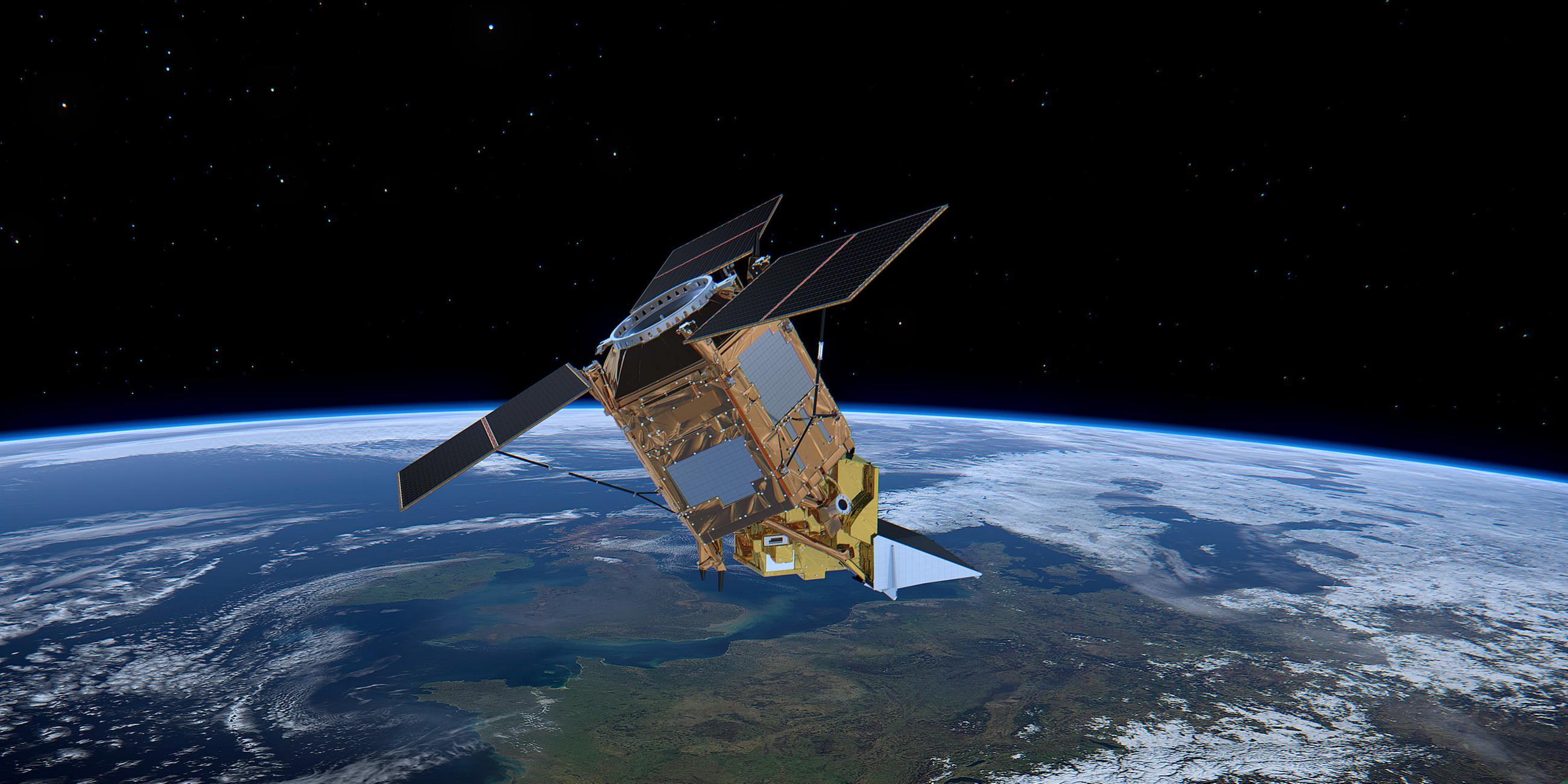 Archiv: Screenshot einer Animation zeigt den Umweltsatelliten Sentinel-5P, aufgenommen am 29.09.2017