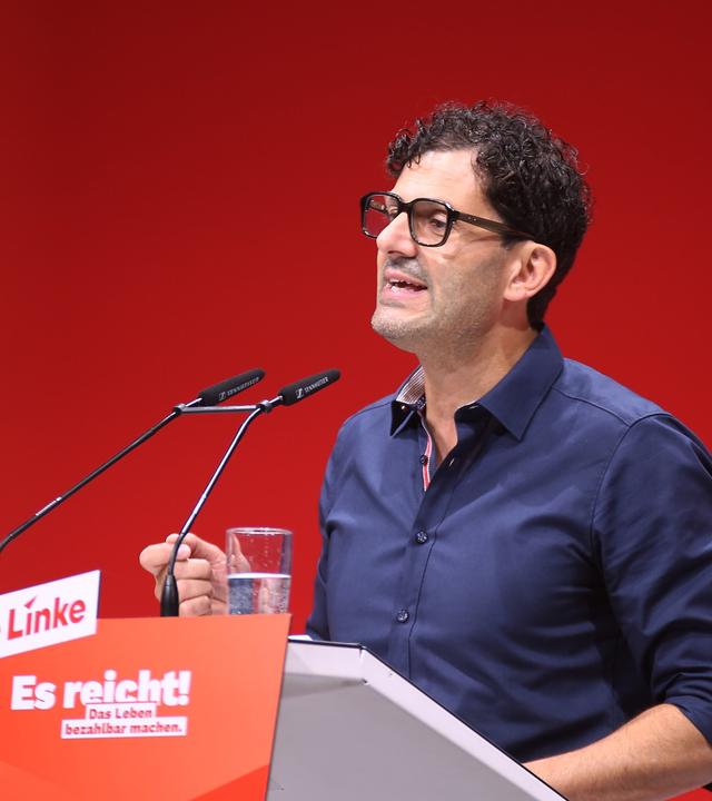 Chef der Linken, Luigi Pantisano, am 21.06.2026 bei dem Bundesparteitag der Linkspartei in Potsdam.