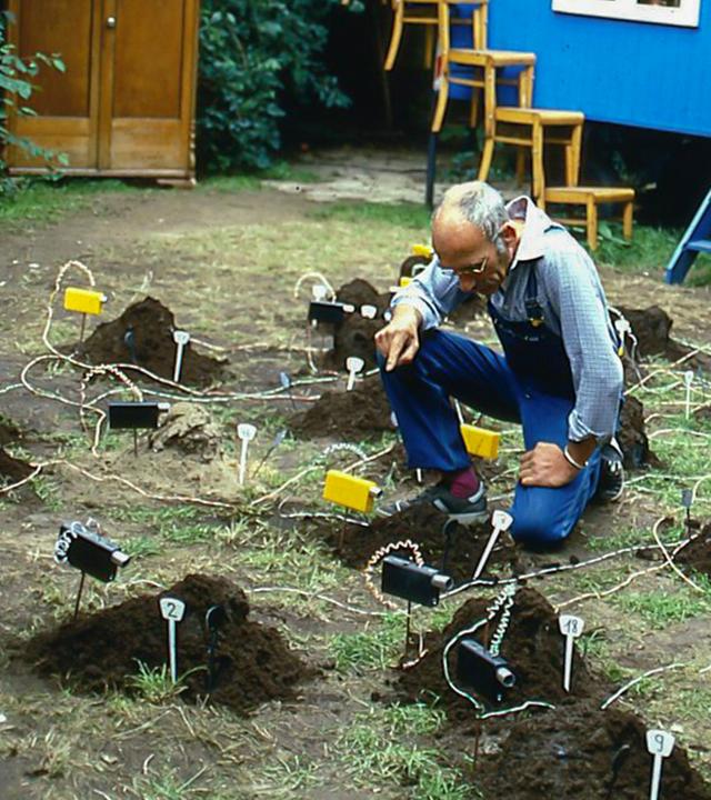 Peter kniet in seinem Garten auf dem Boden. Überall um ihn herum sind Maulwurfshügel zu sehen. Kabel führen von den Hügeln zu einem Tisch vor dem Bauwagen.