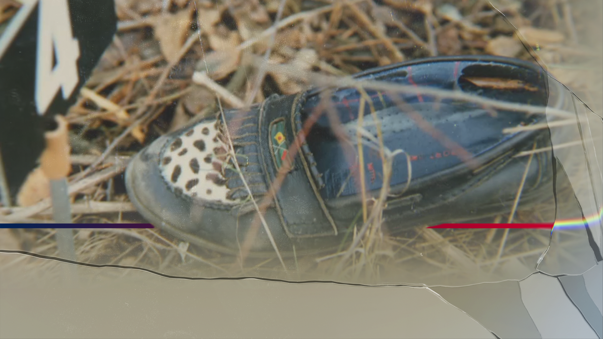 Bild aus der Polizeiakte zeigt Foto eines Kinderschuhs in getrocknetem Gras. Links daneben: Lichtschematische Darstellung eines Fingerabdrucks.