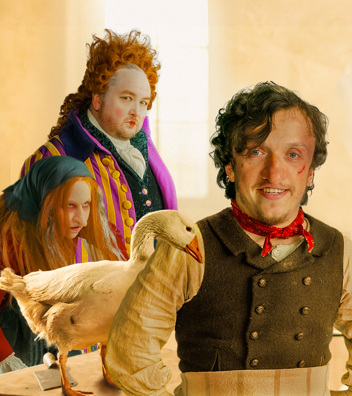 Bildkomposition (von links nach rechts) Die Kräuterweis (Anica Dobra), der Herzog (Daniel Zillmann) und Zwerg Nase (Mick Mehnert). Im Vordergrund steht eine Gans.