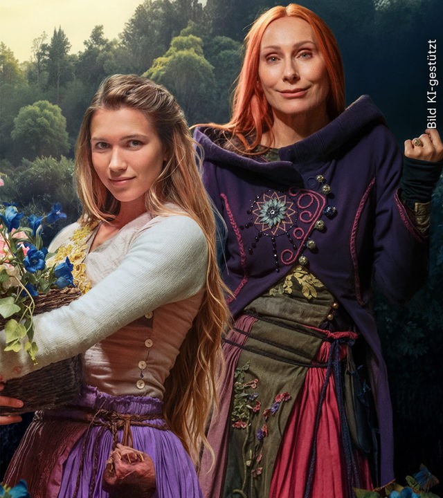 In einem alten, steinernen Gemäuer stehen Rapunzel, gespielt von Anne-Lena Schwing, und Zauberin Eleonor, gespielt von Andrea Sawatzi, vor einem steinernen Fensterrahmen und schauen in die Kamera.