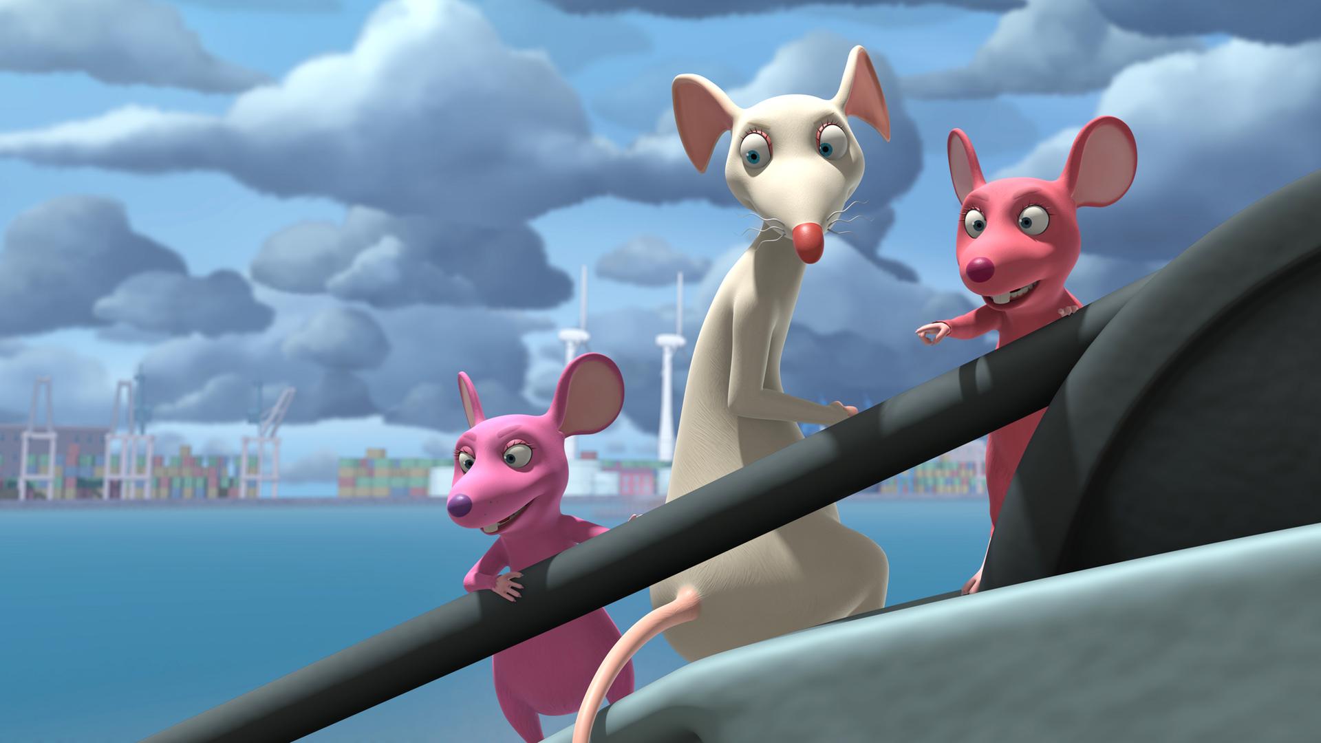 Gruyère zeigt zwei jungen Mäusen die großartige Aussicht von der Spitze des Hafenkrans. Der Himmel hinter ihnen ist bedrohlich dunkel.