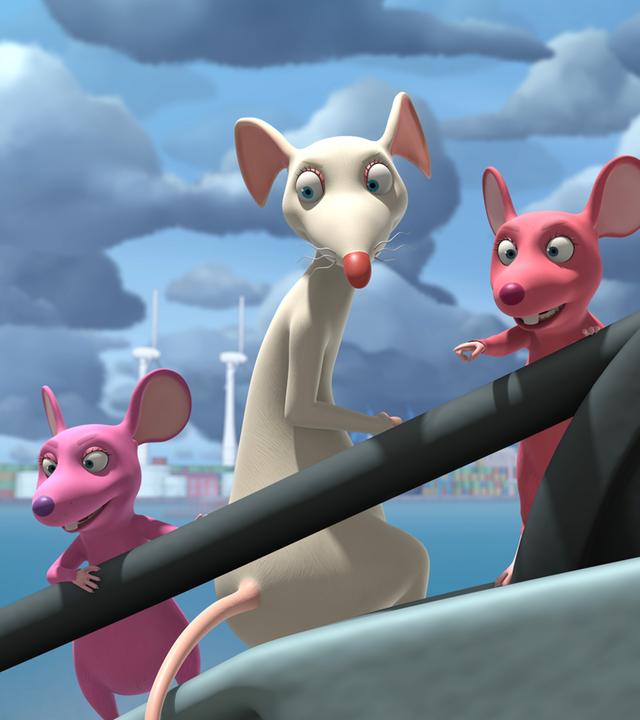 Gruyère zeigt zwei jungen Mäusen die großartige Aussicht von der Spitze des Hafenkrans. Der Himmel hinter ihnen ist bedrohlich dunkel.