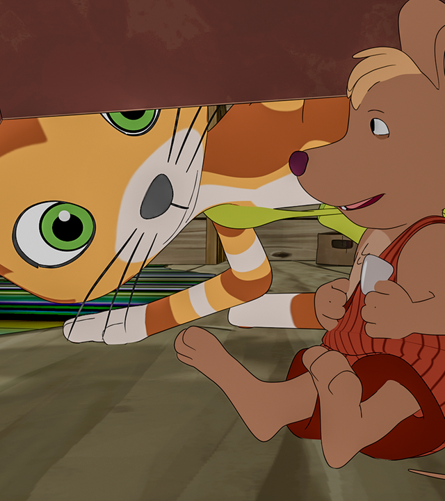 Findus hat mit einem Trick eine Maus gefangen. Die hat allerdings kein bisschen Angst vor ihm.