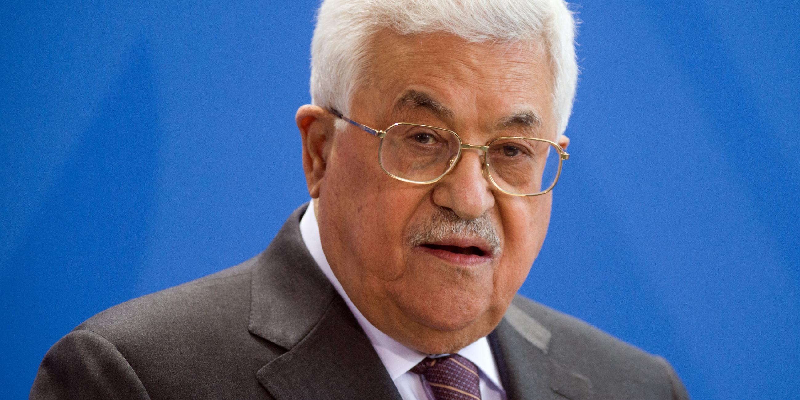 Palästinenserpräsident Mahmud Abbas bei einer Ansprache im Kanzleramt in Berlin.