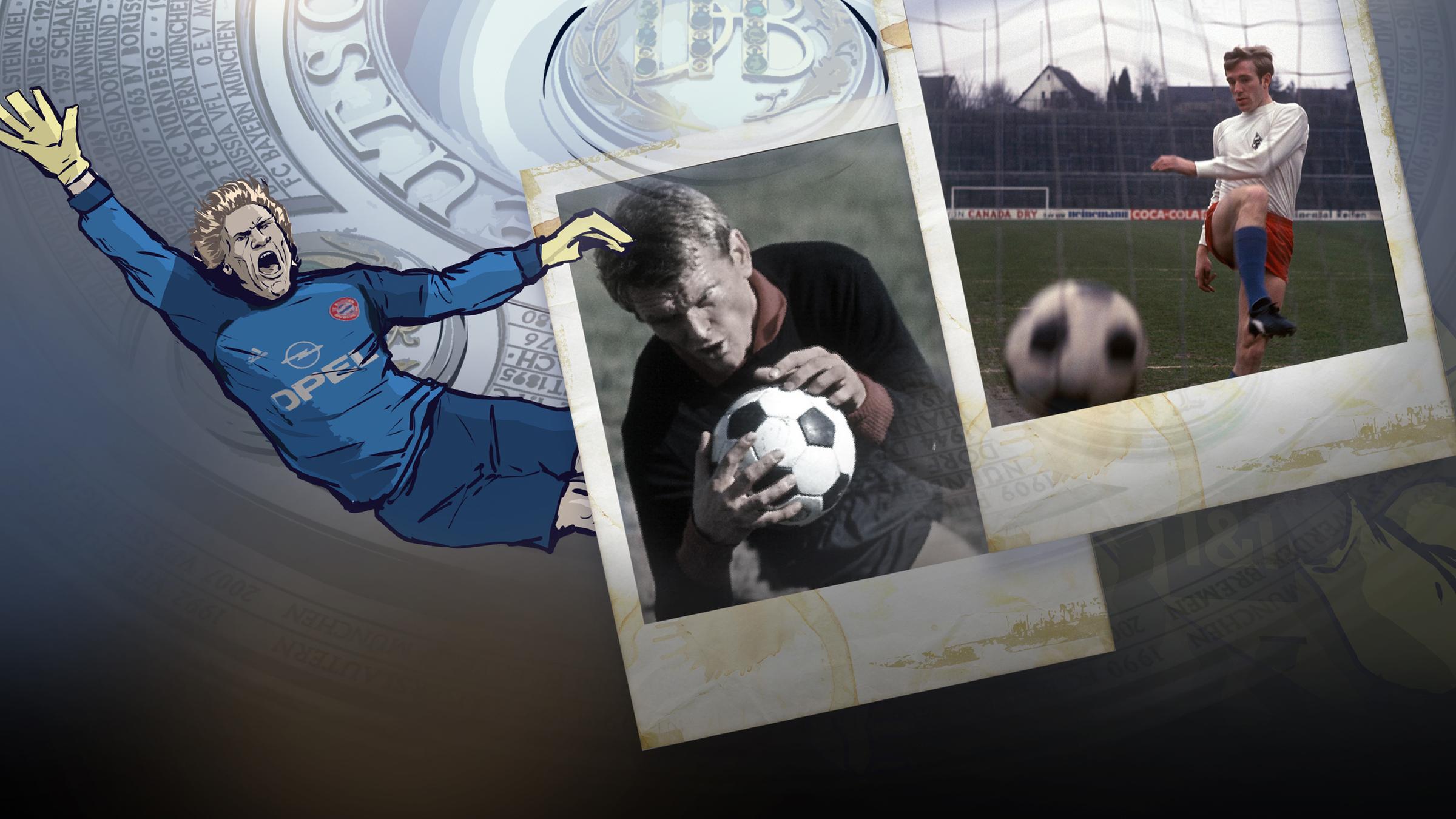 Karrikatur von Oliver Kahn vor der gezeichneten Meisterschale. Maier und Netzer