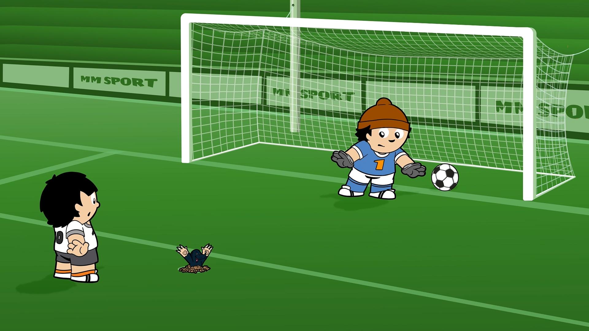 Zwei Mainzelmännchen spielen Fußball, ein Maulwurf will mitspielen.