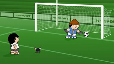Zwei Mainzelmännchen spielen Fußball, ein Maulwurf will mitspielen.
