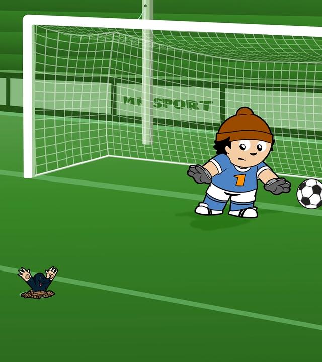 Zwei Mainzelmännchen spielen Fußball, ein Maulwurf will mitspielen.