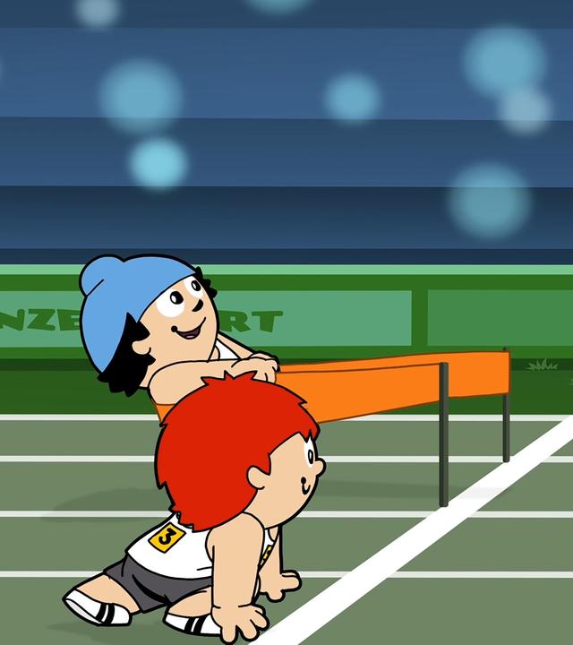 Zwei Mainzelmännchen bei Start auf der Tartanbahn