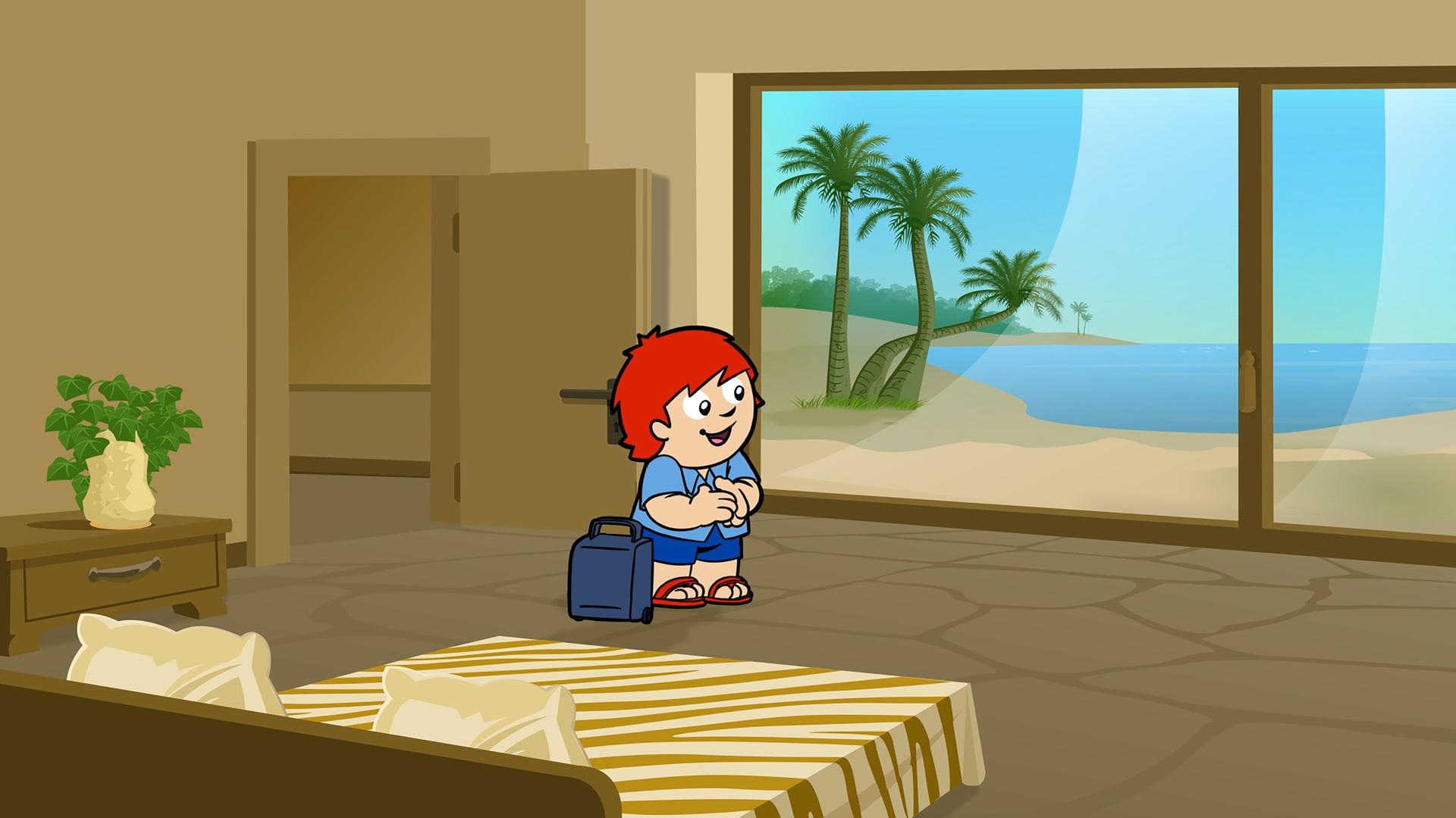 Mainzelmännchen in kurzer Hose im Hotelzimmer mit Blick auf einen Strand