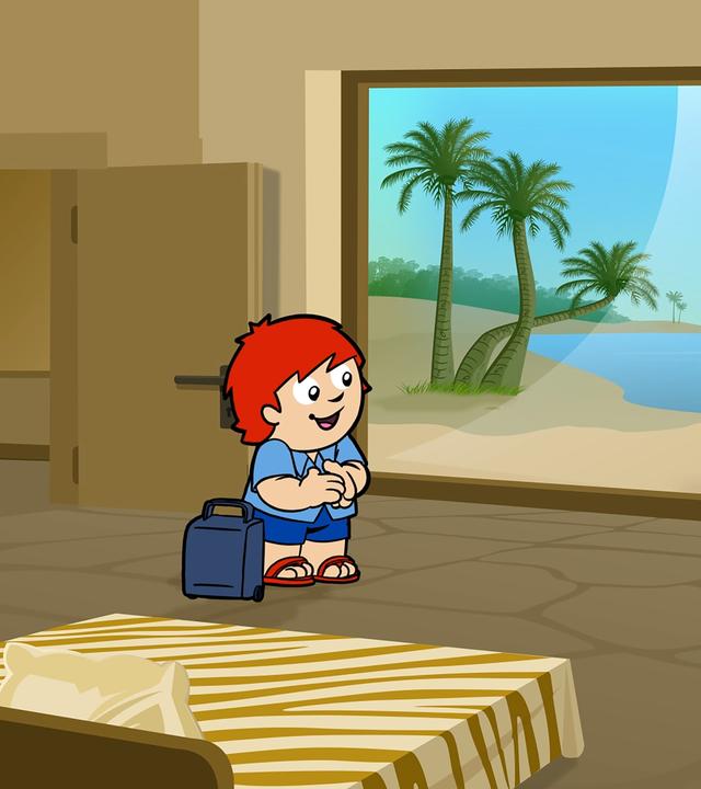 Mainzelmännchen in kurzer Hose im Hotelzimmer mit Blick auf einen Strand