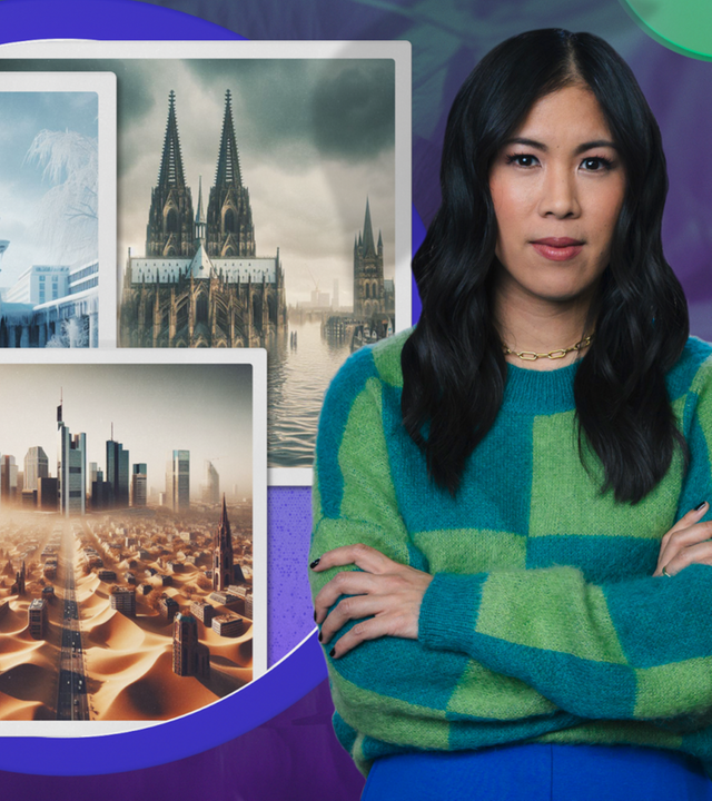 Mai steht rechts mit verschränkten Armen. Links sind drei Bilder zu sehen: Die Skyline von Frankfurt in der Wüste, der Kölner Dom halb im Wasser und das Brandenburger Tor im Schnee.