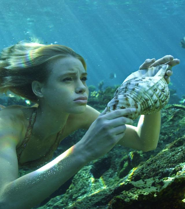 Nixe Lyla schwimmt unter Wasser, dabei hält sie eine Muschel in der Hand. Um sie herum schwimmen Fische.