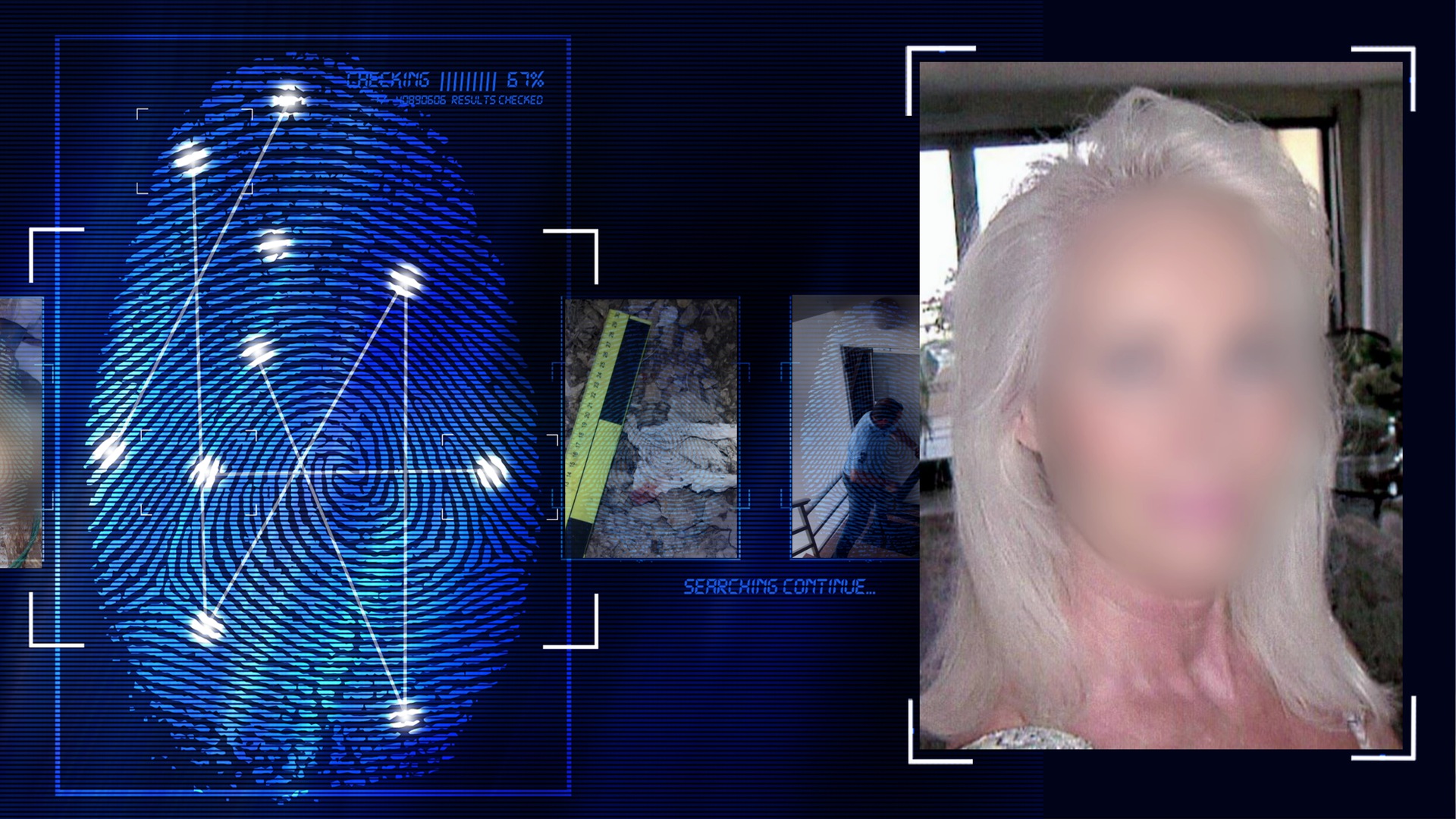 Portraitfoto des Opfers Gisela S. (66). Frau mit langen grauen Haaren blickt Richtung Kamera. Das Gesicht wurde im Bild technisch verfremdet. Links daneben: Lichtschematische Darstellung eines Fingerabdrucks