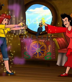 Bibis Mutter hext gegen die böse Hexe Malicia, die eine Zauberkugel in der Hand hält. Bibi schaut besorgt zu.